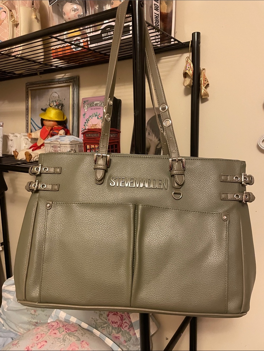 Steve Madden Olive Green Pebbled Shoulder Tote with Buckle Accents